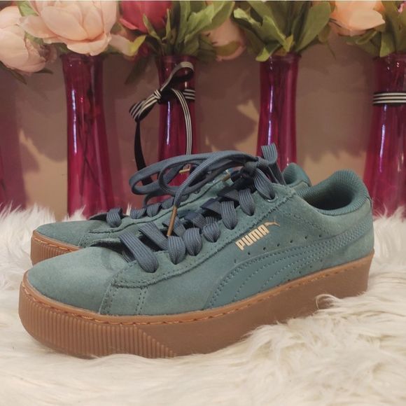 PUMA | NEVER WORN DUSTY TEAL & GOLD PLATFORM SNEAKERS - Picture 1 of 7